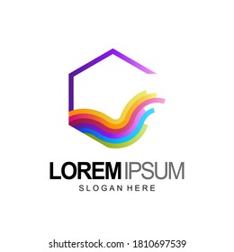 hexagon and wave logo in gradient color, vector design