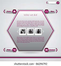 Hexagon website template design in pink and gray with business man photos