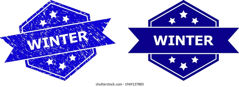 Hexagon WINTER stamp on a white background, with undamaged version. Flat vector blue distress watermark with WINTER message inside hexagon shape, ribbon used also. Watermark with scratched surface.