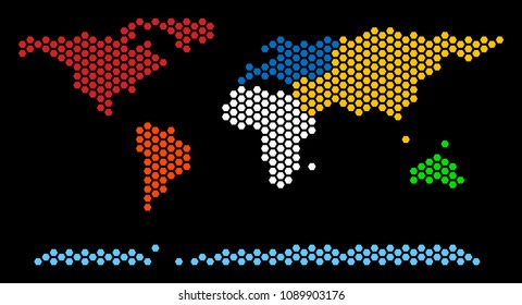 Hexagon world continent map. Vector geographic scheme on a black background. Abstract world continent map concept is formed of honeycomb elements.