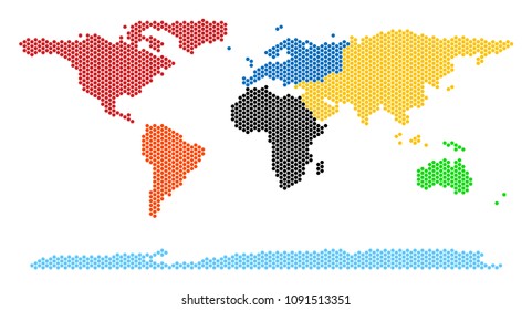 Hexagon world continent map. Vector territorial plan on a white background. Abstract world continent map mosaic is composed with hex-tile spots.