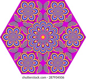 Hexagon with yellow flowers and butterflies (motion illusion)