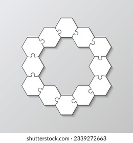 Hexagonal 12 puzzle pieces. Simple scheme with separate details. Thinking mosaic game with jigsaw grid shapes. Cutting template. Business presentation for infographics. Vector illustration.