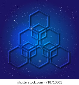 Hexagonal 3d design made in cosmic style. Sacral geometry Mystery enigmatic shape. Abstract vector art design of labyrinth in honeycombs shape in space.