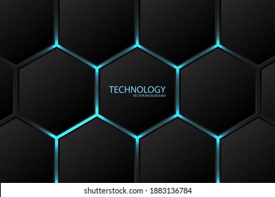 Hexagonal Abstract Background. Blue Bright Neon Flashes Under The Hexagon In Lighting Technique. Dark Honeycomb Grid Texture.