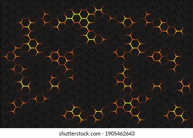 Hexagonal abstract background. Yellow bright light energy flashes under the hexagon. Dark honeycomb texture with bright flares.