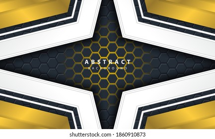 Fondo oscuro abstracto hexagonal con formas de marco dorado y blanco.