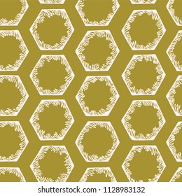 Hexagonal Abstract Geometric Doodle Shapes, Seamless Vector Pattern Background in Olive Green, Hand Drawn Illustration for Trendy Home Decor, Wallpaper, Gift Wrap, Fashion Prints & Modern Stationery