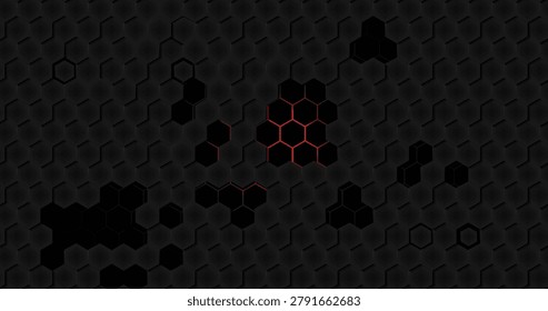 A hexagonal abstract tech-futuristic background in dark gray and black tones with vibrant red accents. A repeating hexagon pattern fills the space, creating a subtle textured surface. Most of the hexagons are dark gray and black, giving it a matte and refined look.