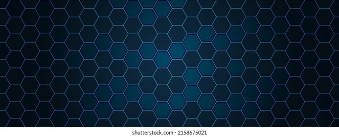 Ilustración vectorial de fondo de tecnología abstracta exagerada. Banner futurista con hexágonos azules y luces brillantes. Banner, portada o plantilla de Sci fi para su diseño.