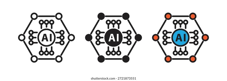 Sechseckige AI-Chip-Icons, die eine Zentraleinheit mit digitalen Anschlüssen darstellen. Hervorragend geeignet für Datenwissenschaften, Robotik und fortgeschrittene Computerdesigns.