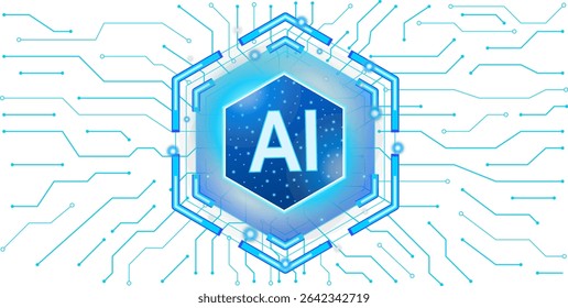 Hexagonal AI processor in a digital grid on a transparent background, blue hexagon artificial intelligence chip on a circuit board, core of artificial intelligence - Powered by Shutterstock - Get 15% off with code: PIKWIZARD15