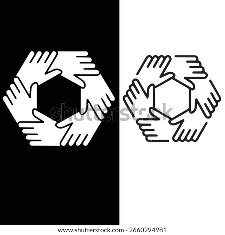 A hexagonal arrangement of six hands joined together, symbolizing unity and teamwork, shown in both solid and outlined styles on contrasting backgrounds
