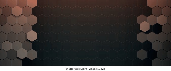 Hexagonal background with a dark gradient. The background features a textured, geometric pattern in dark brown tones, creating depth. 3D hexagon border background. Orange background vector.