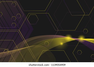Hexagonal background, yellow, black and purple color. Light and wave geometric background. Vector illustration. Minimal business background. Eps 10.