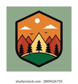 Hexagonal badge featuring mountains, pine trees, and birds against an orange sky at sunset