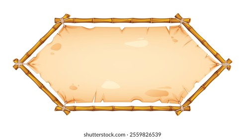 Hexagonal bamboo frame with aged parchment for banners or creative text. Vector cartoon illustration