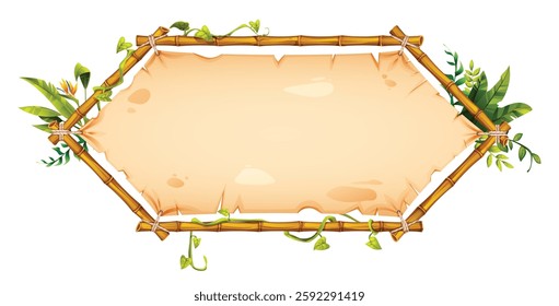 Hexagonal bamboo frame with tropical plants and vines framing an empty parchment paper. Vector cartoon illustration