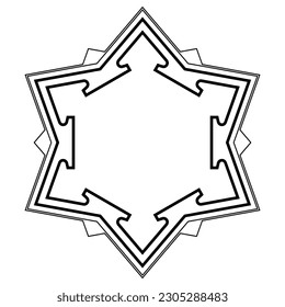 Hexagonal bastion fort pattern. Plan and basic structure of outer walls of a six pointed star fort, with ravelins, the triangular fortifications and detached outworks, placed opposite a curtain wall. svg