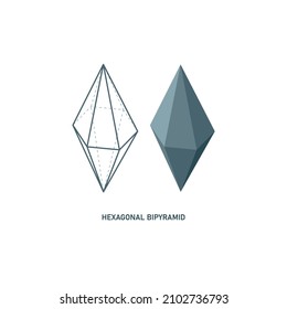 Hexagonal bipyramid line and 3d icon set. Crystal families, type of pyramid. Math geometric figure. Vector