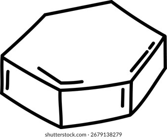 Un bloque hexagonal dibujado con líneas negras en negrita en un estilo simple. La forma se representa con bordes claros y detalles mínimos. Ilustración vectorial de dibujos animados.