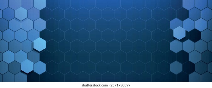 Hexagonal blue background with a modern style. The background features a textured pattern in varying shades of blue, creating depth. 3D hexagon border background. Blue background vector.