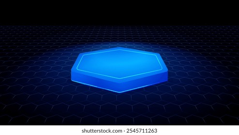 Hexagonal azul palco destacado, suporte de pódio de tecnologia digital, vetor 3D ilustração fundo