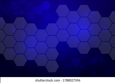 Hexagonal blue technology background with various technological elements. The concept of innovative high-tech communications. Digital technology and engineering.