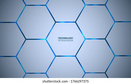 sechseckiger blauer, abstrakter Hintergrund. Helle hellblaue Blitze unter Hexagon in heller Technologie, futuristisch, modern, Illustration. Helles Wabengefühl-Texturgitter.