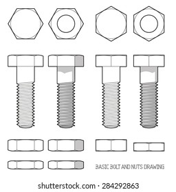 Hexagonal bolt and nuts in orthogonal projection