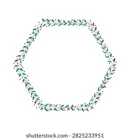 Hexagonal Border Frame Decorated With Flora Green Leaves And Red Cherries