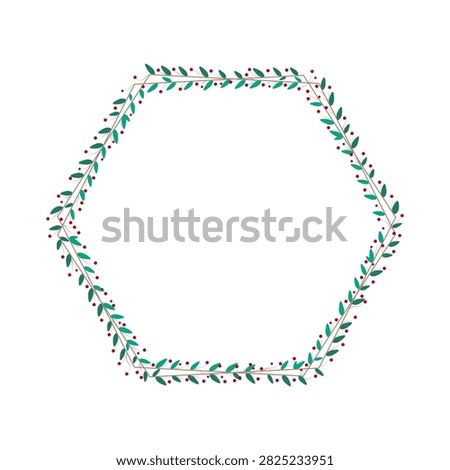 Hexagonal Border Frame Decorated With Flora Green Leaves And Red Cherries