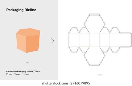 Caja hexagonal Dieline Plantilla de empaquetado de encargo del Diecut con la tapa plegable