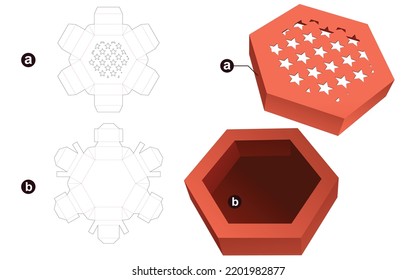 Hexagonal box with stenciled star pattern die cut template and 3D mockup