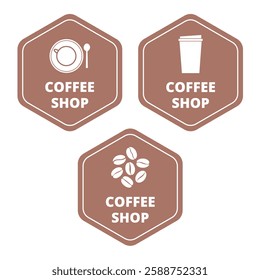 Hexagonal brown coffee shop signs with text on a white  background