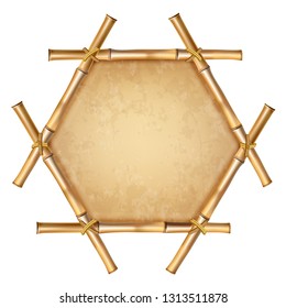Hexagonal brown wooden border frame made of realistic dry bamboo stems with rope, old paper, canvas, copy space. Vector clip art, banner, template, photo frame isolated on white background