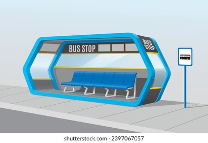 Concepto de paradas de autobús hexagonales, diseño de refugios modernos en color azul y amarillo, Ilustración vectorial aislada, eps