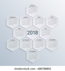 Hexagonal Calendar for 2018 Year on paper background. Week starts from sunday. Modern Creative Vector Design Print Template. Holiday vector illustration. Corporate business layout