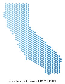 Hexagonal California map. Vector territory plan in light blue color with horizontal gradient. Abstract California map mosaic is consisting of hexagonal items.