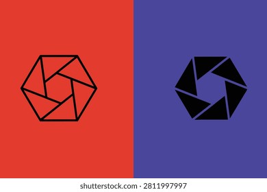 Hexagonal camera shutter aperture in outline and solid black styles on red and blue split background