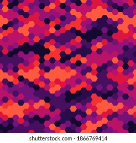 Hexagonal camo ornament seamless pattern. Abstract modern geometric tiles texture for fabric and fashion print. Endless background. Vector illustration.