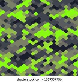 Hexagonal camo ornament seamless pattern. Abstract modern geometric tiles texture for fabric and fashion print. Endless background. Vector illustration.