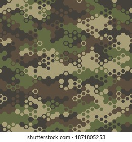 Hexagonal camouflage seamless pattern. Abstract modern geometric military endless background texture for fabric and fashion print. Vector illustration.