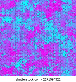 Hexagonal camouflage seamless pattern. Futuristic clothing style masking camo repeat print. Pink, cyan and violet colors girly urban, navy or airforce texture. Hex vector design element illustration.