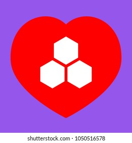 Hexagonal cells icon. Honey. Vector. White icon in red heart at lavender background.