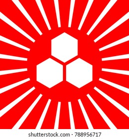 Hexagonal cells icon. Honey. Vector. White icon on red sun with rays as background. Isolated.