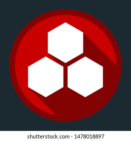 Hexagonal cells icon. Honey. White icon with shadow on round red button at dark cyan background. Illustration.