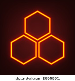 Hexagonal cells icon. Honey. Yellow, orange, red neon icon at dark reddish background. Illumination. Illustration.