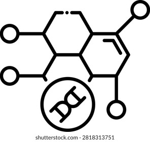 Hexagonal chemical molecule structure linked directly to a DNA marker. This biochemical illustration represents molecular genetics and cellular building blocks. Great for biochemistry textbooks and pharmaceutical research diagrams.