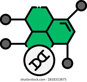 Hexagonal chemical molecule structure linked directly to a DNA marker. This biochemical illustration represents molecular genetics and cellular building blocks. Great for biochemistry textbooks and pharmaceutical research diagrams.